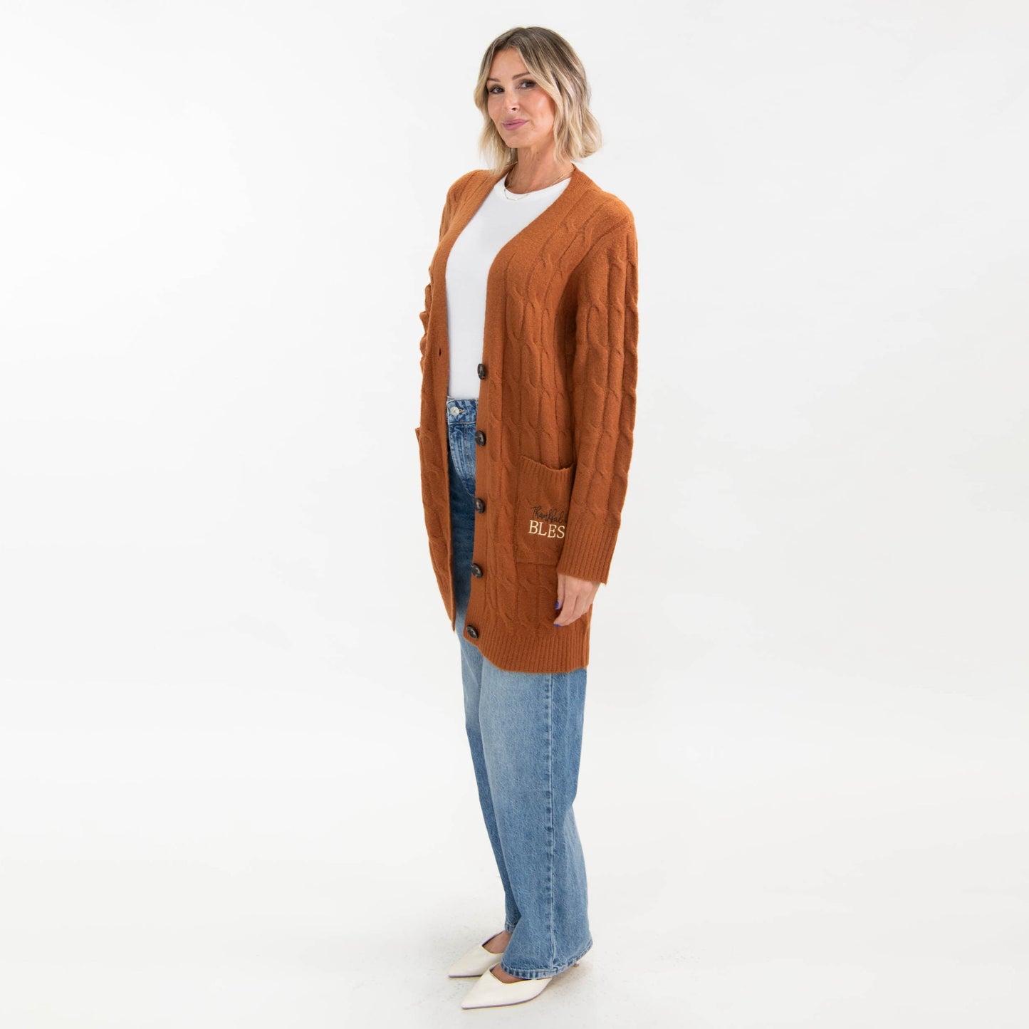 Thankful Grateful Blessed Cable Knit Cardigan