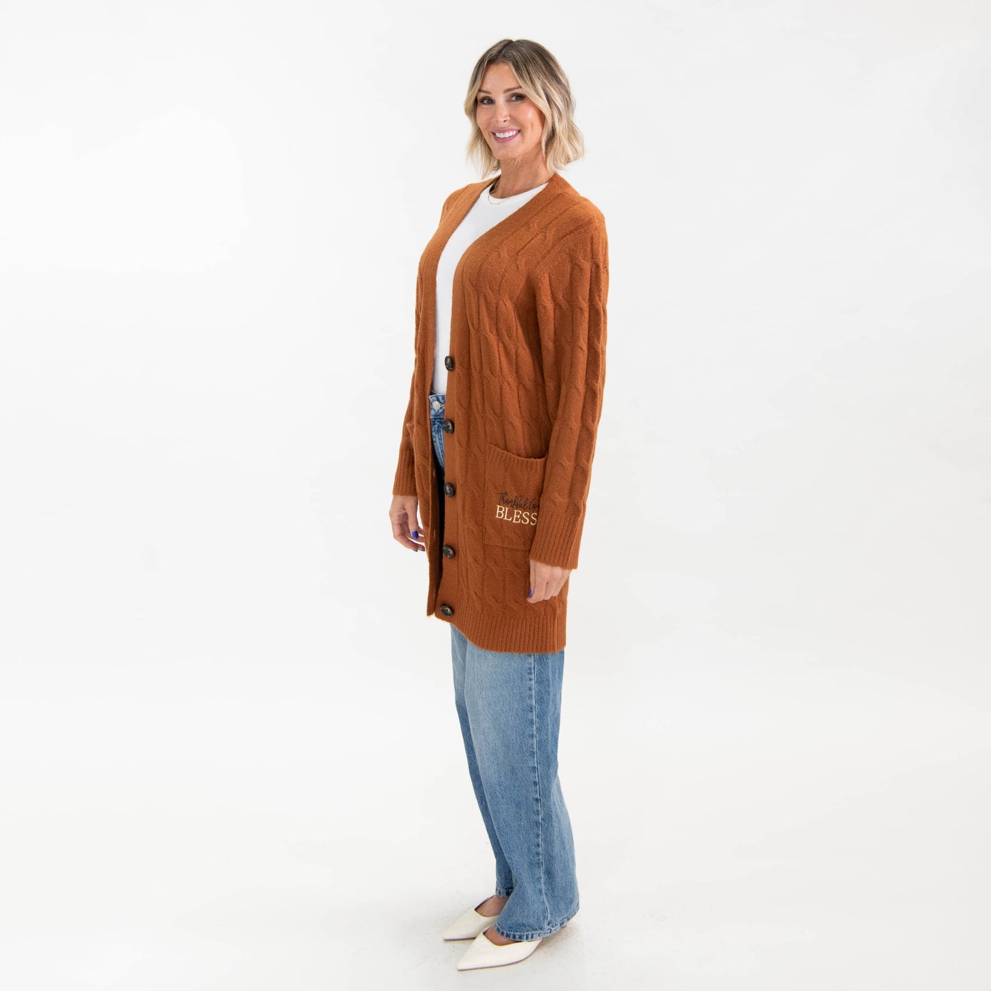 Thankful Grateful Blessed Cable Knit Cardigan