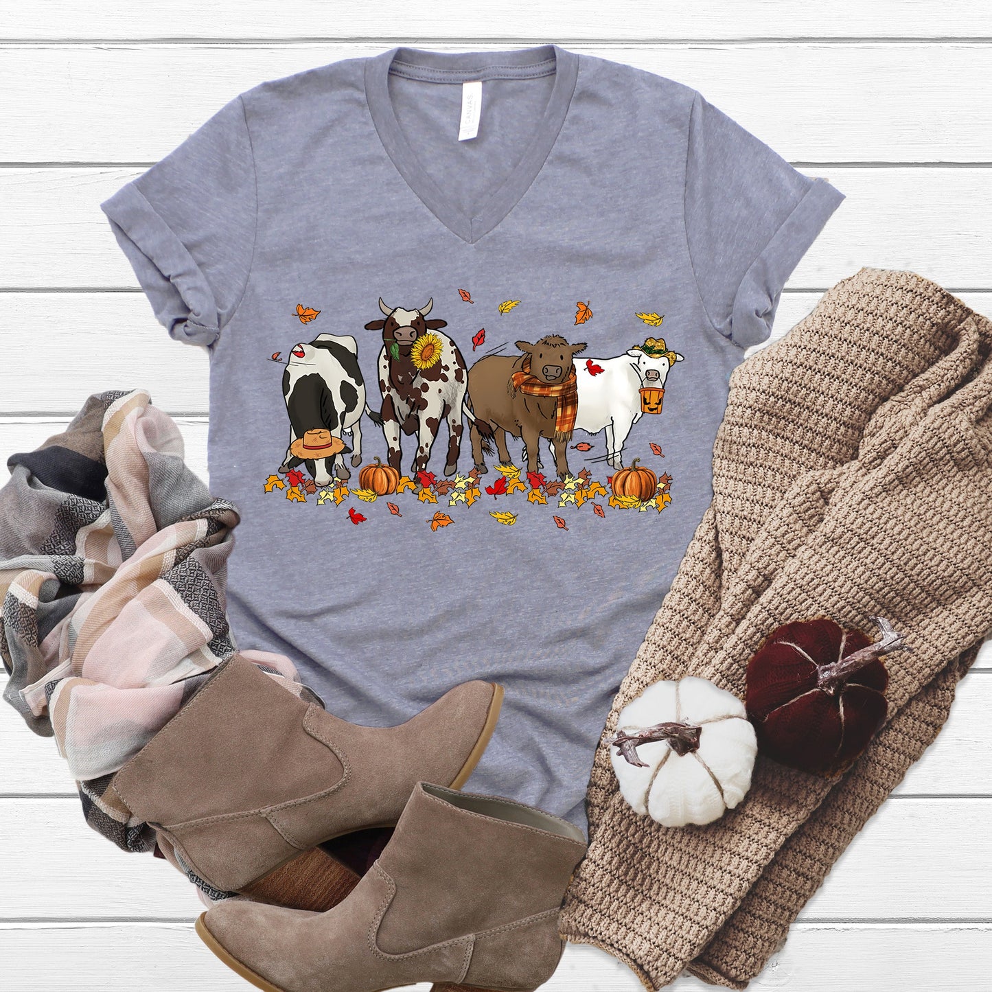 Cows Pumpkins V-Neck