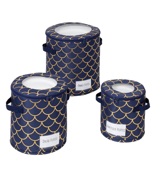 Honey Can Do 12 Navy   Gold Round Dinnerware Storage Cases 3ct