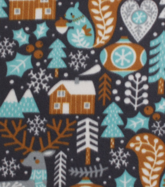 Cottages   Ornaments on Navy Blizzard Fleece Fabric