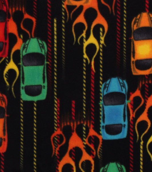 Fast Cars   Flames on Black Anti Pill Fleece Fabric