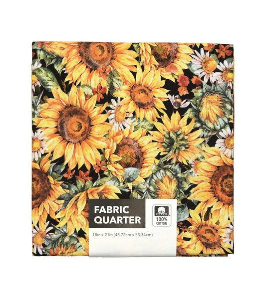 18 x 21 Sunflowers   Daisies On Black Cotton Fabric Quarter 1pc