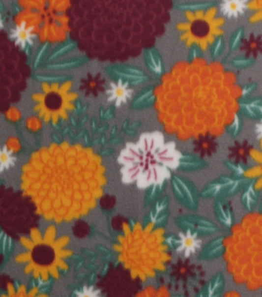 Orange   Red Mums on Gray Blizzard Fleece Fabric