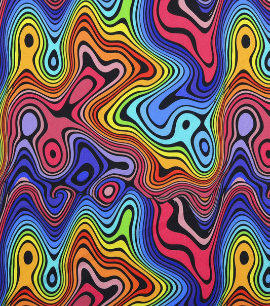 70 s Psychedelic on Black Quilt Cotton Fabric by Keepsake Calico
