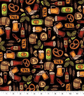 Beer   Pretzels on Black Novelty Cotton Fabric