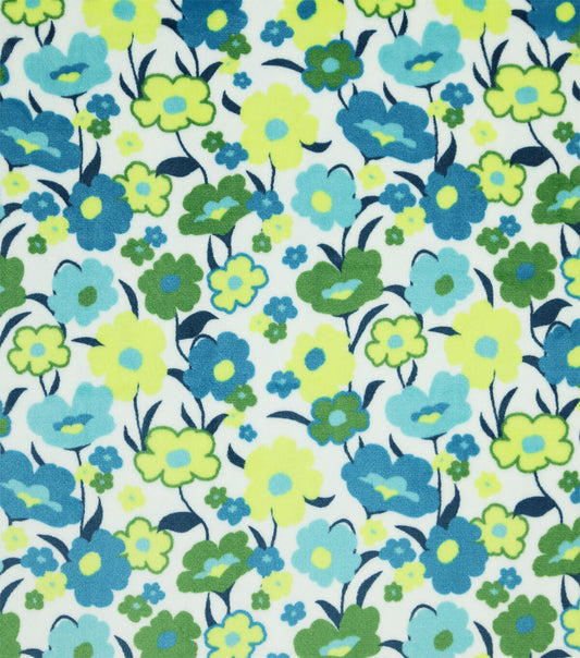Blue   Green Mod Blooms White Sew Lush Fleece Fabric