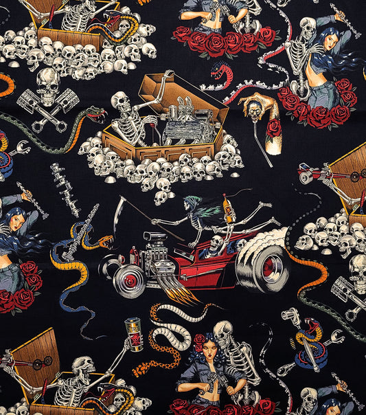 Alexander Henry Skulls   Cars on Black Cotton Fabric