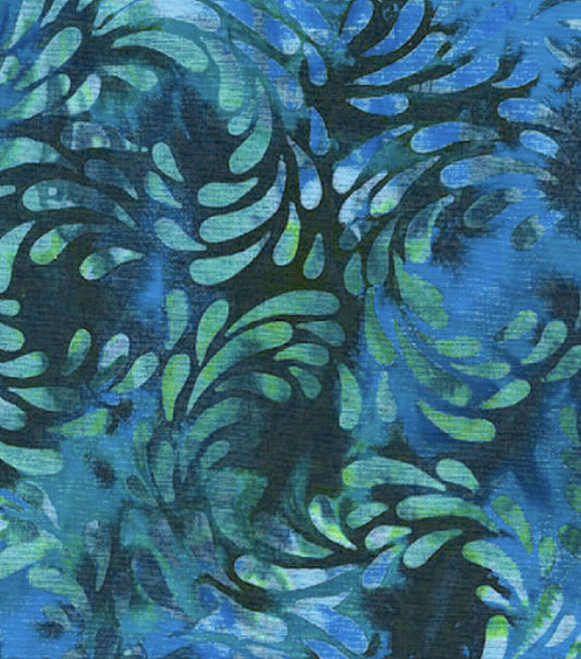 Blue   Green Water Lily Petals Swirls Batik Cotton Fabric
