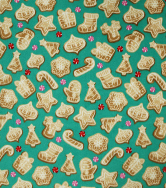 Brown Gingerbread Cookies on Green Anti Pill Fleece Fabric