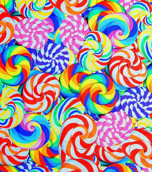 Blue Realistic Lollipops Novelty Cotton Fabric