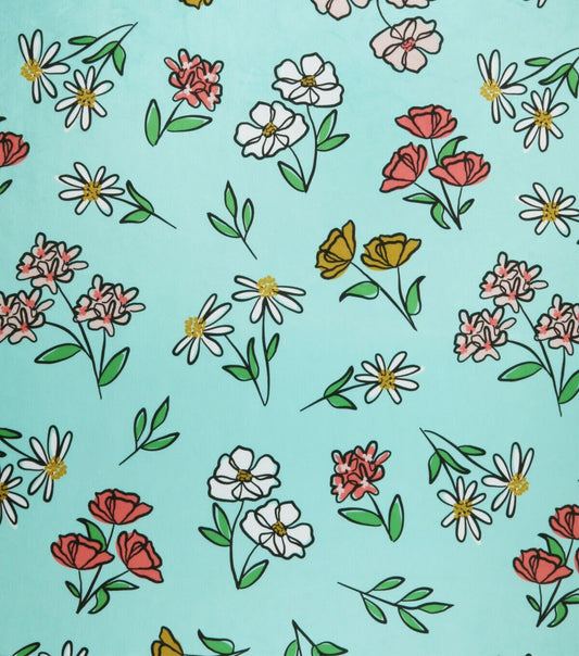 Green Sketched Floral Soft   Minky Fleece Fabric