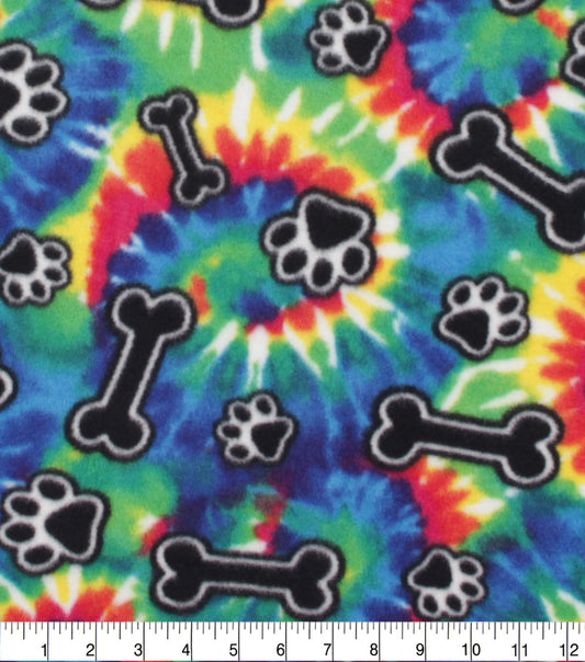 Bones   Paws on Tie Dye Anti Pill Fleece Fabric