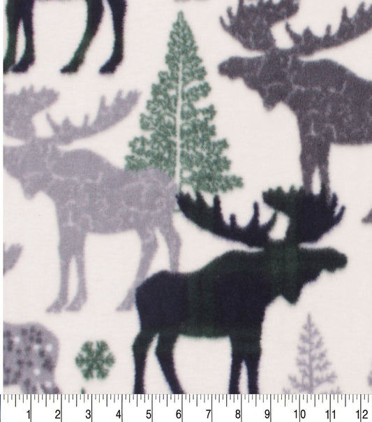Navy   Green Patterned Moose   Trees Anti Pill Fleece Fabric