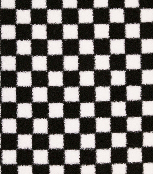 Black   White Check Printed Teddy Fur Sherpa Fleece Fabric