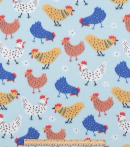 Chickens on Blue Blizzard Fleece Fabric