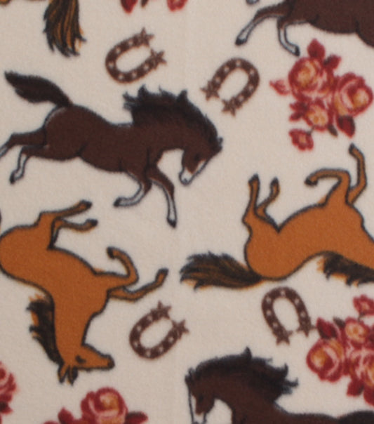 Horses   Flowers on Brown Blizzard Fleece Fabric