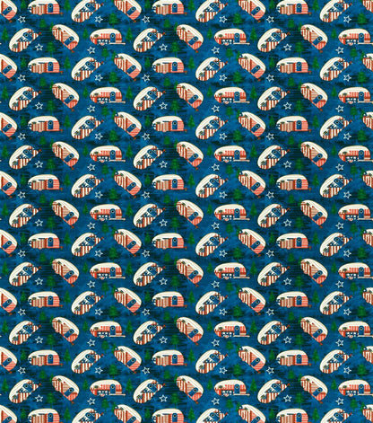 Americana Campers Metallic Patriotic Cotton Fabric