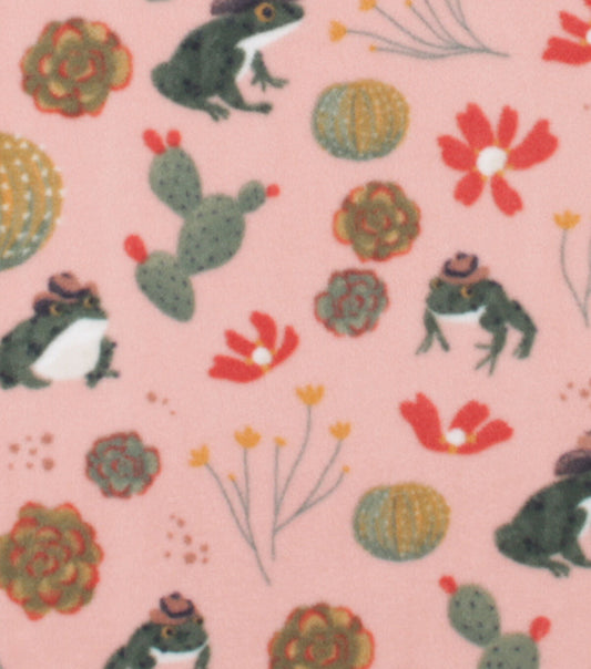 Frogs   Cacti on Pink Anti Pill Fleece Fabric