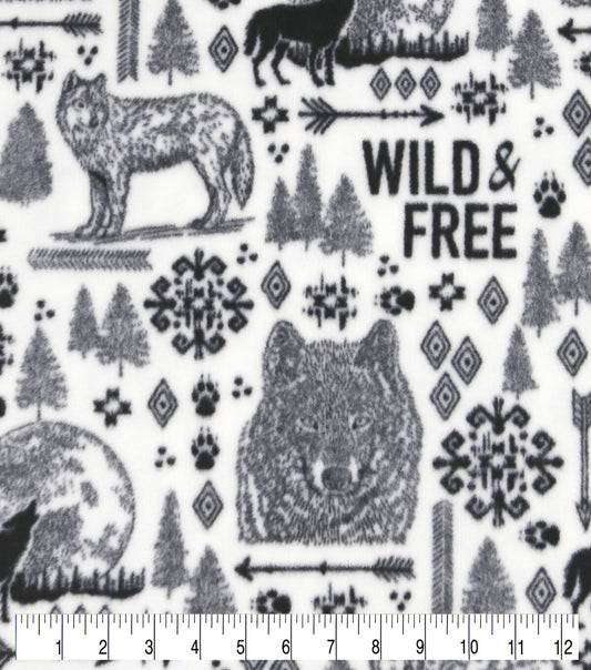Black Wild   Free on White Anti Pill Fleece Fabric