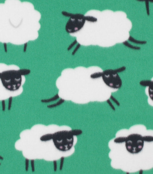 Happy Sheep on Green Blizzard Fleece Fabric