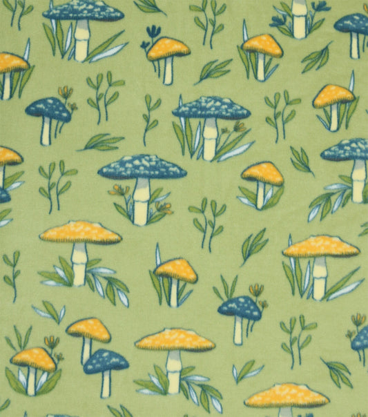 Mushrooms   Leaves on Green Anti Pill Plush Fleece Fabric