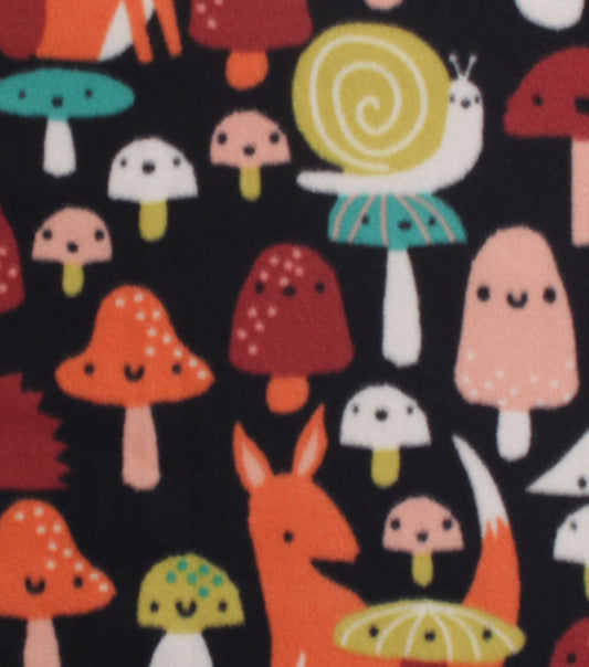 Fox   Mushrooms on Black Blizzard Fleece Fabric
