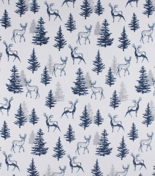 Blue Scenic Deer   Trees Anti Pill Fleece Fabric