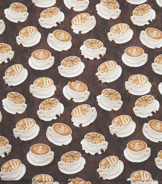 Coffee Cups on Brown Novelty Cotton Fabric