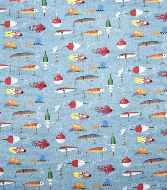 Blue Fishing Hooks   Bobbins Novelty Prints Cotton Fabric