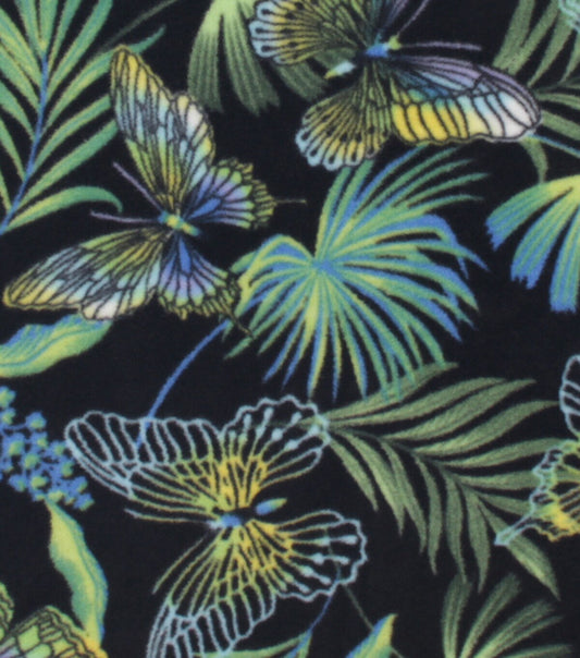 Palm   Butterfly on Black Anti Pill Plush Fleece Fabric