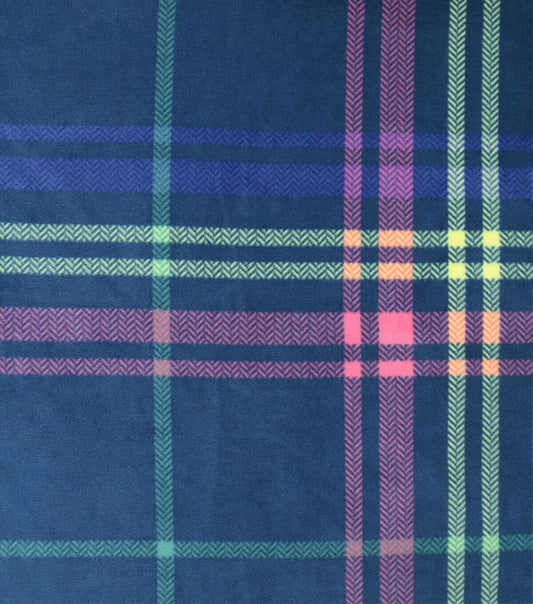 Neon   Pink Plaid on Blue Anti Pill Fleece Fabric