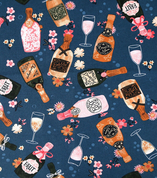 Champagne Flutes   Bottles on Blue Novelty Cotton Fabric