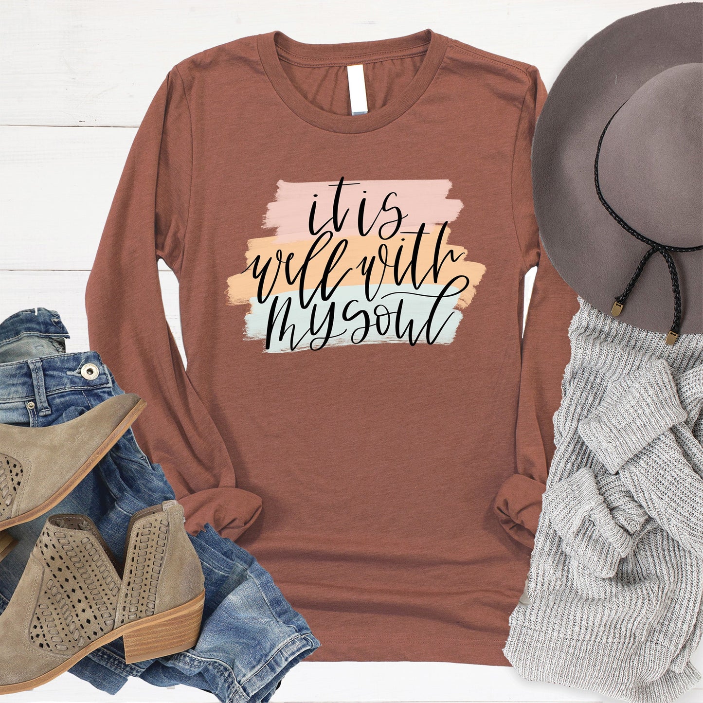 It is Well With My Soul Paint Swipe Long Sleeve - Heather Chestnut - 20