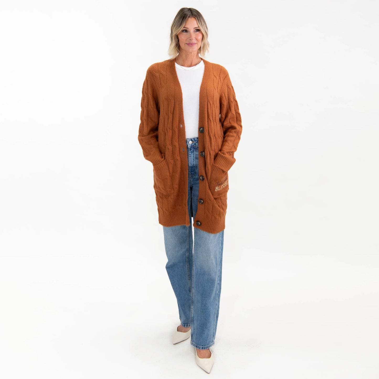 Thankful Grateful Blessed Cable Knit Cardigan