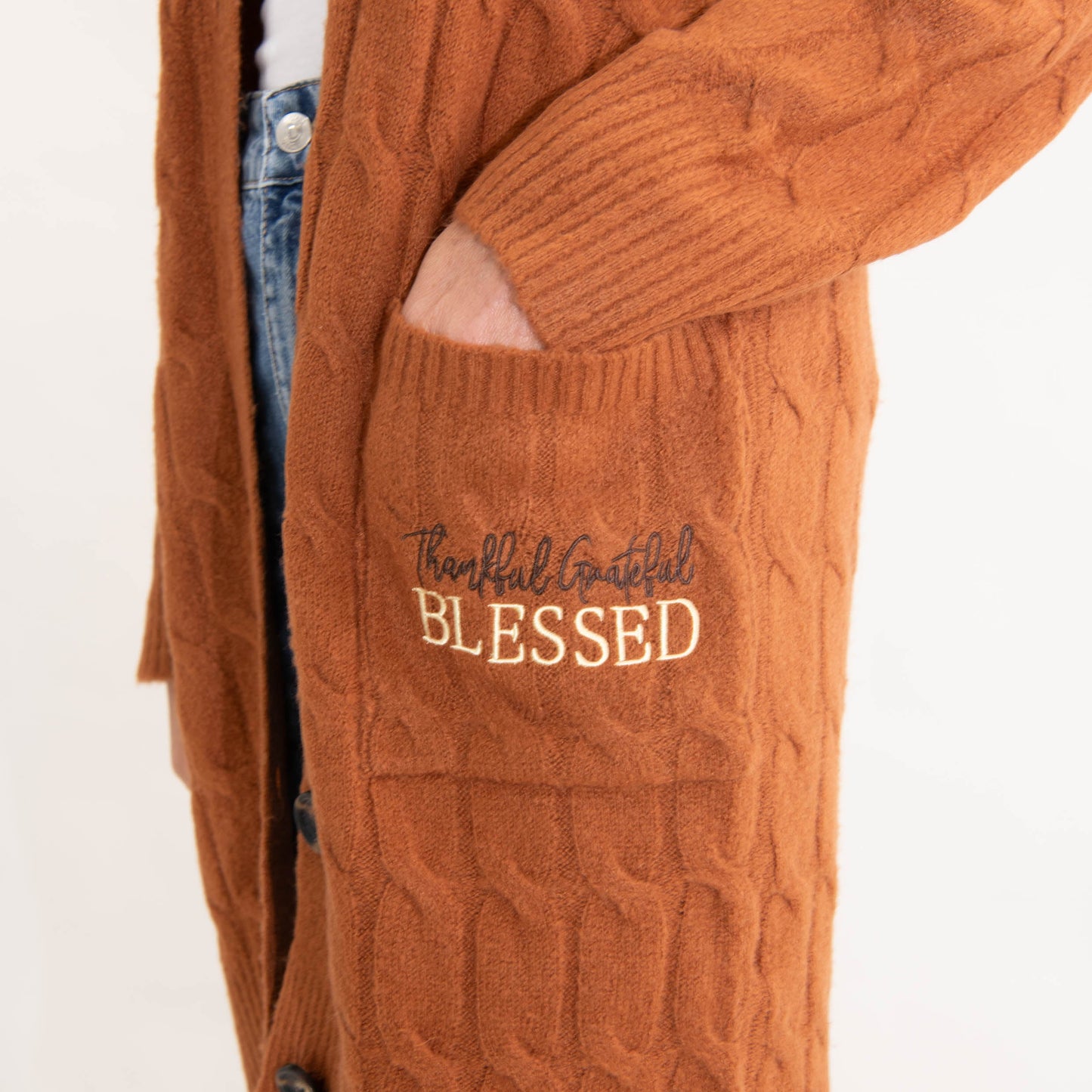 Thankful Grateful Blessed Cable Knit Cardigan