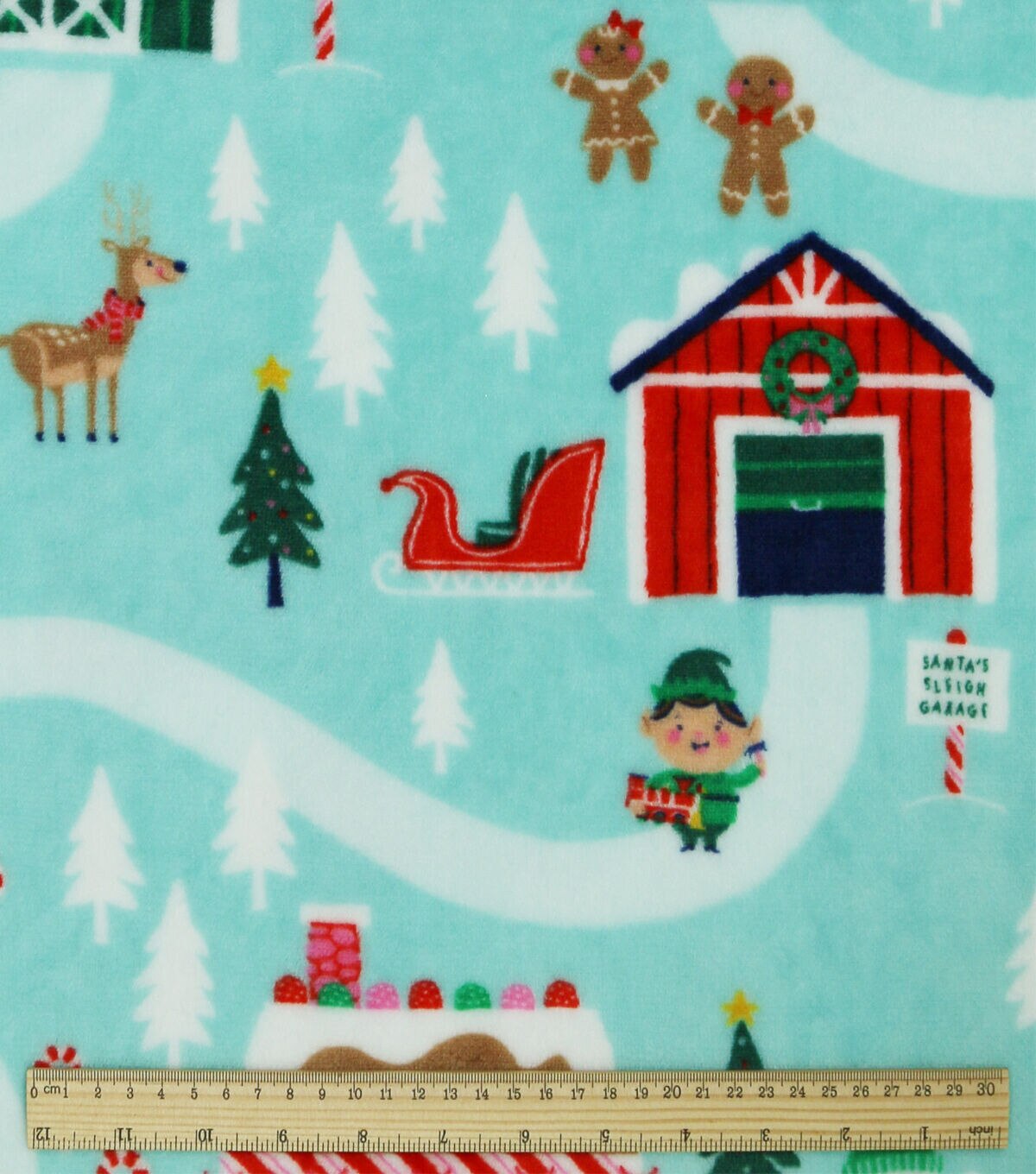 North Pole Village on Blue Sew Lush Fleece Fabric by POP!