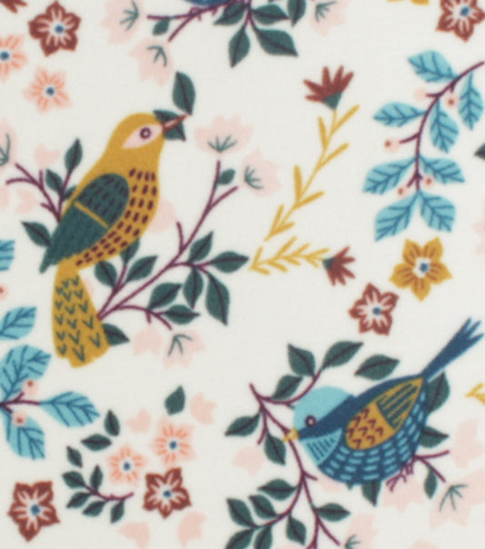 Birds   Floral on White Anti Pill Fleece Fabric