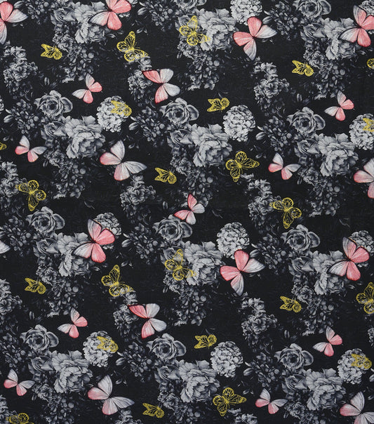 Butterflies   Flowers on Black Premium Metallic Cotton Fabric