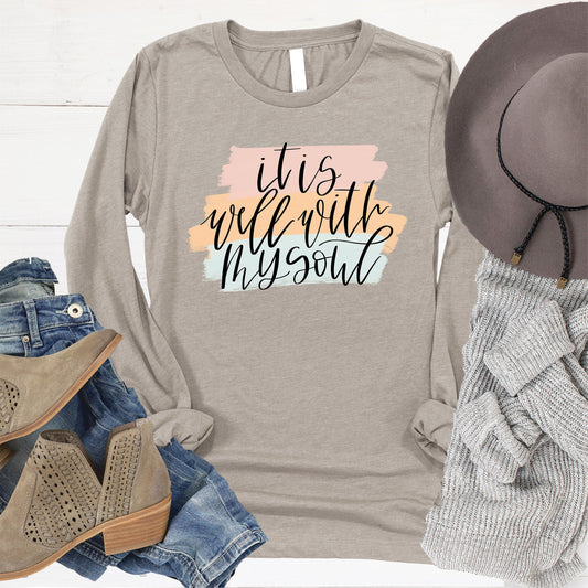 It is Well With My Soul Paint Swipe Long Sleeve - Heather Stone - 20