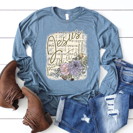 Jesus Paid It All Long Sleeve - Heather Slate - 20