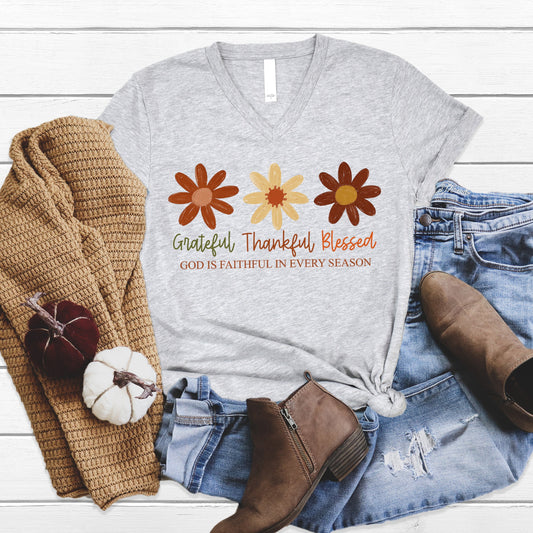 Grateful Thankful Blessed Flowers V-Neck